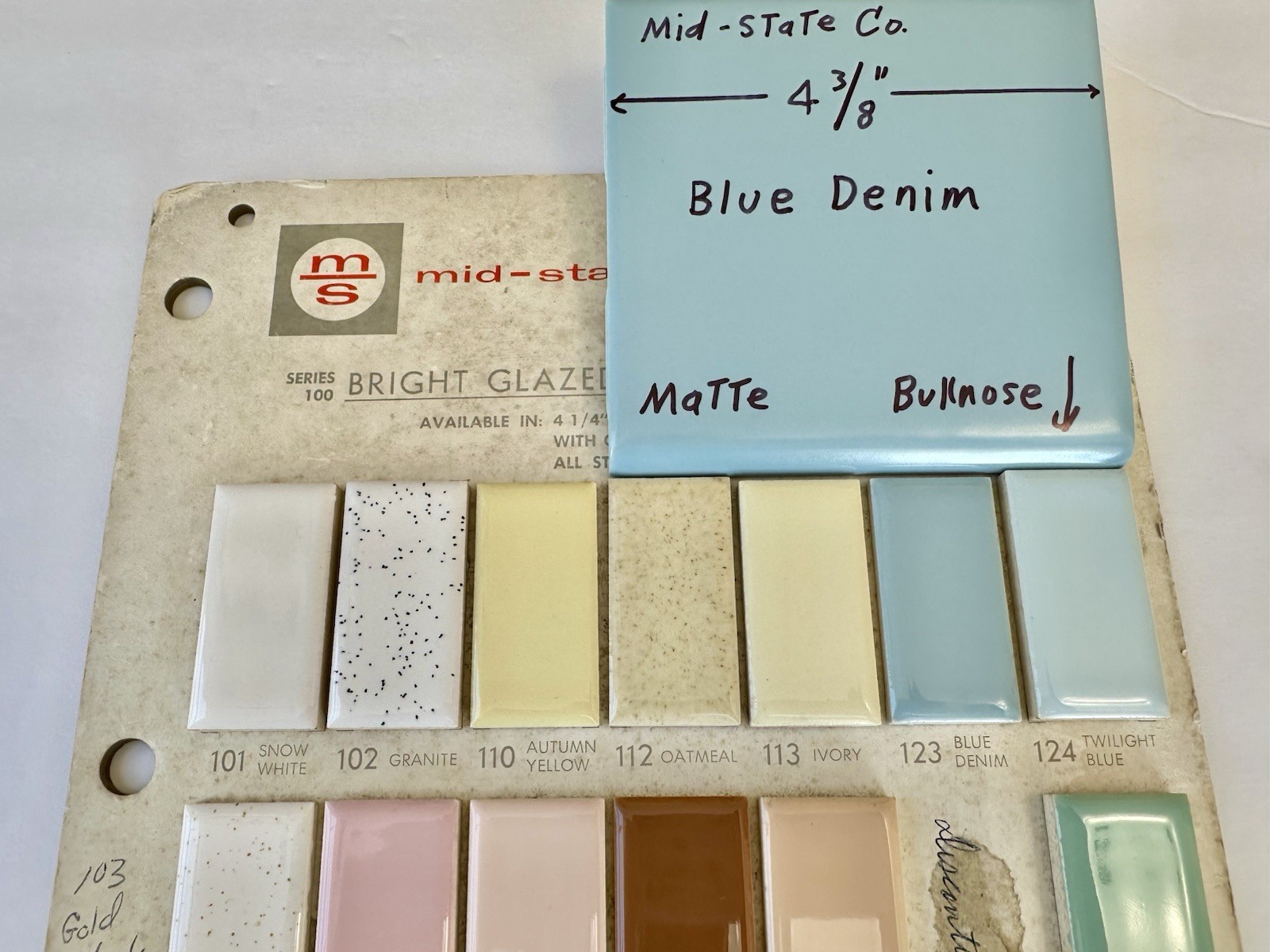 1 pc. Blue Denim: Bullnose Matte Ceramic Tile 4-3/8″ by Mid-State Co. NOS