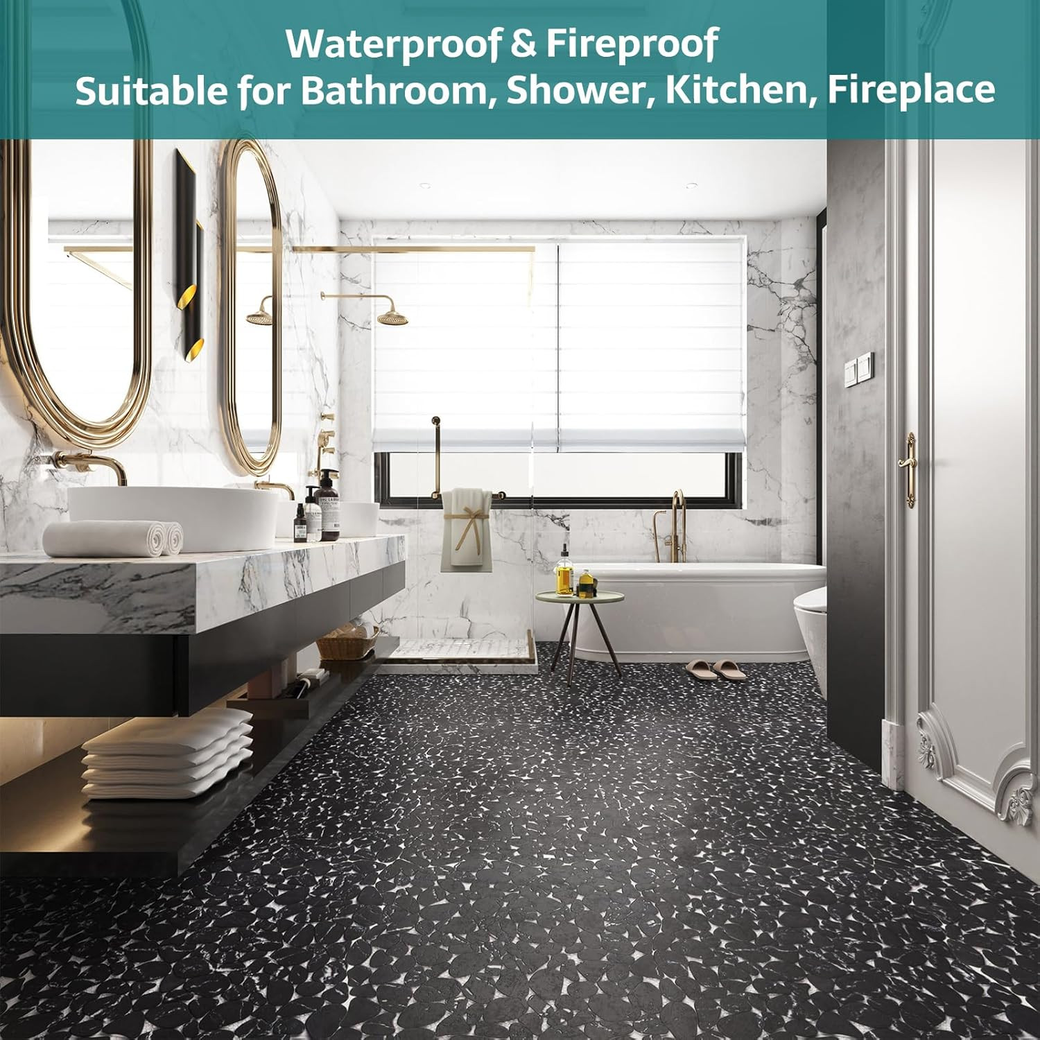 Pebble Tile for Shower Floor, Black Marble Veins Oval, 10 Sheets Pebble Mosaic B