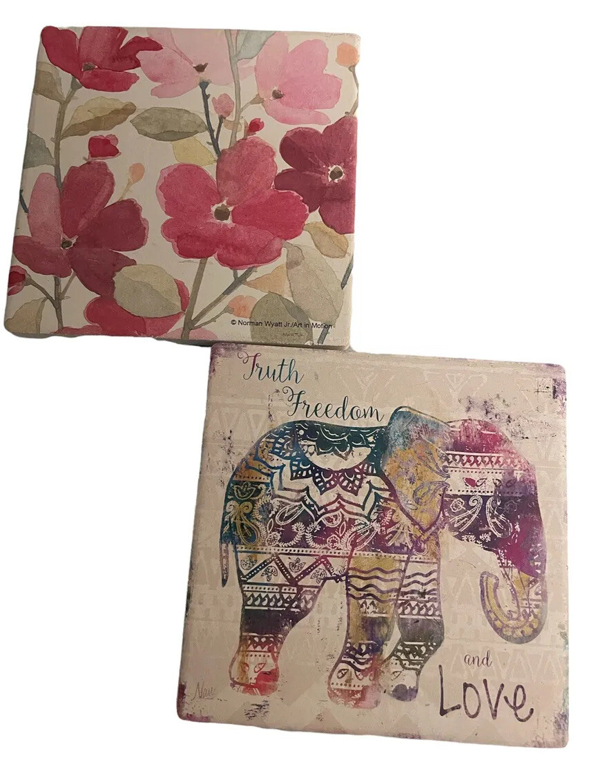 Ceramic Art Tile 4″x4″ Home Decor Coasters Elephant Flowers Home Decor