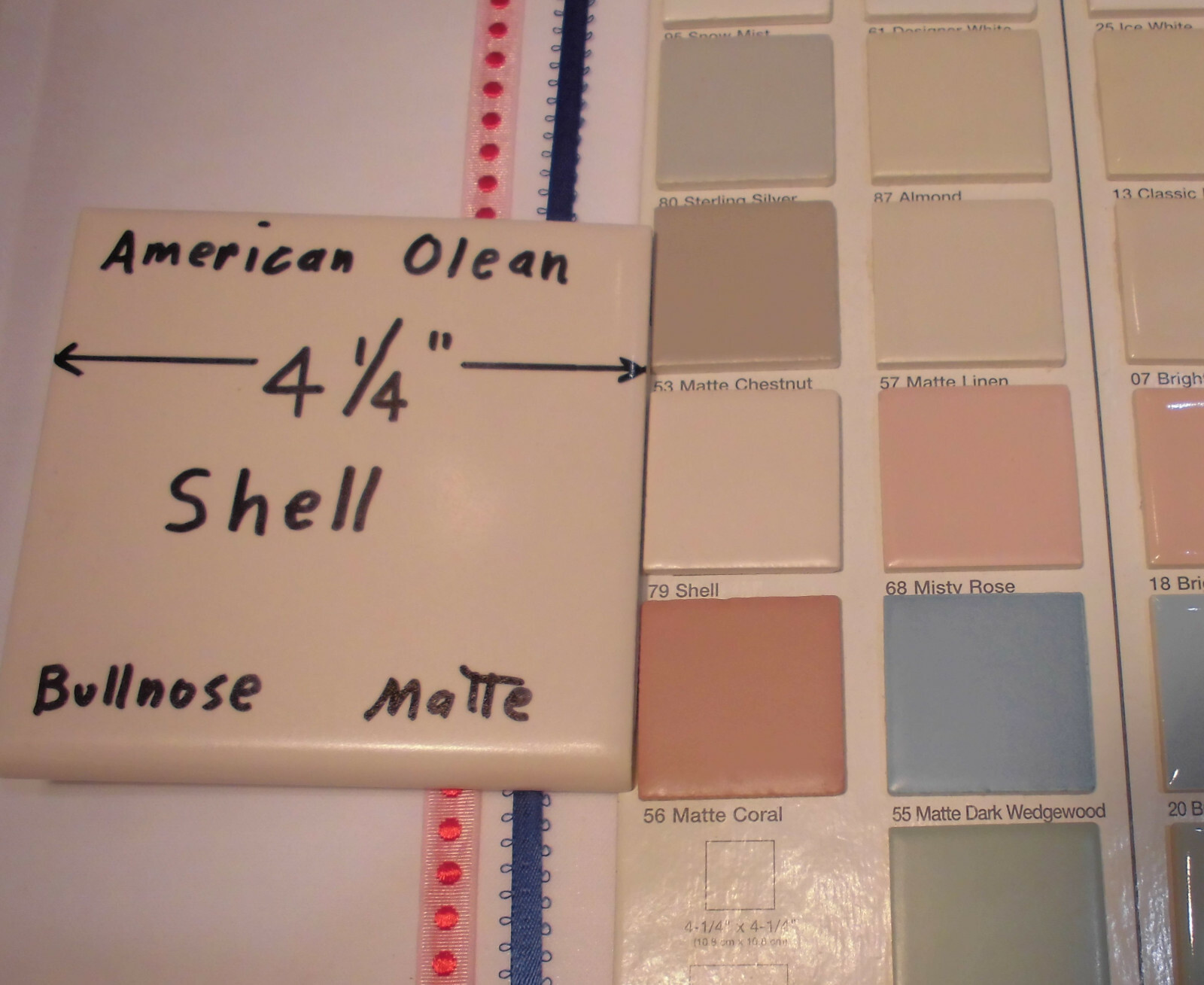 1 pc. Shell; Bullnose Matte Ceramic Tile; American Olean Co. 4-1/4″ Hint of Pink