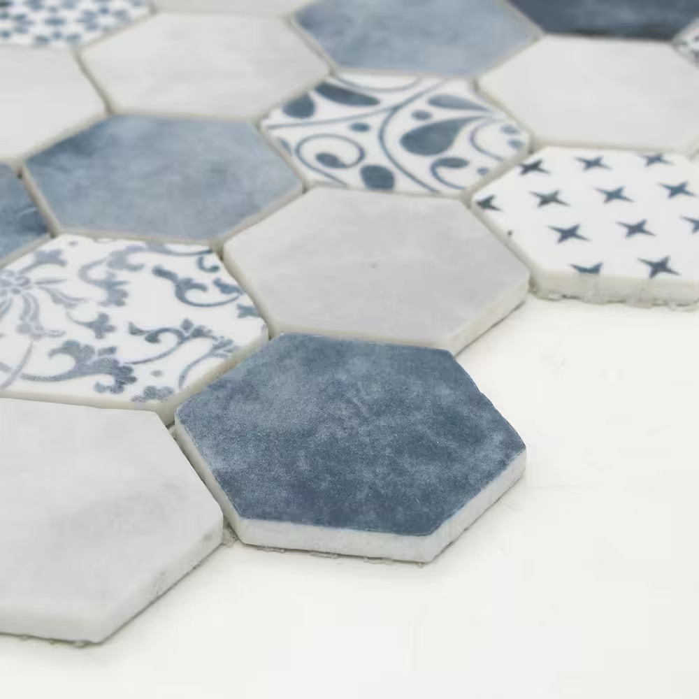 Concrete Blue Hexagon 11.7X10.2In. Mosaic Backsplash. Recycled Glass Cement Look