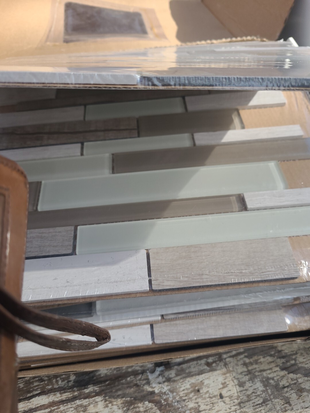 American Olean Glass Stone Wood Look Mosaic Tile Delfino Natural Taupe 16 Sheets