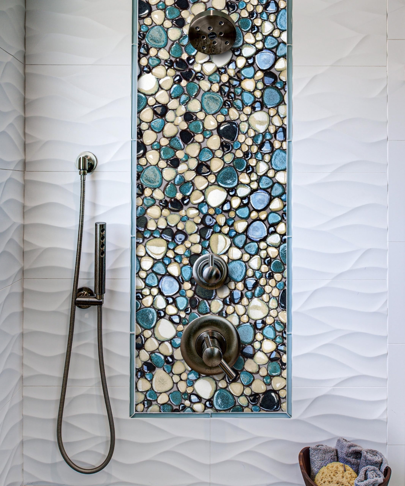 Interlocking Pebble Tiles 5 Sheets, Aqua Teal Blue Mosaic Tiles Mesh Mounted,…