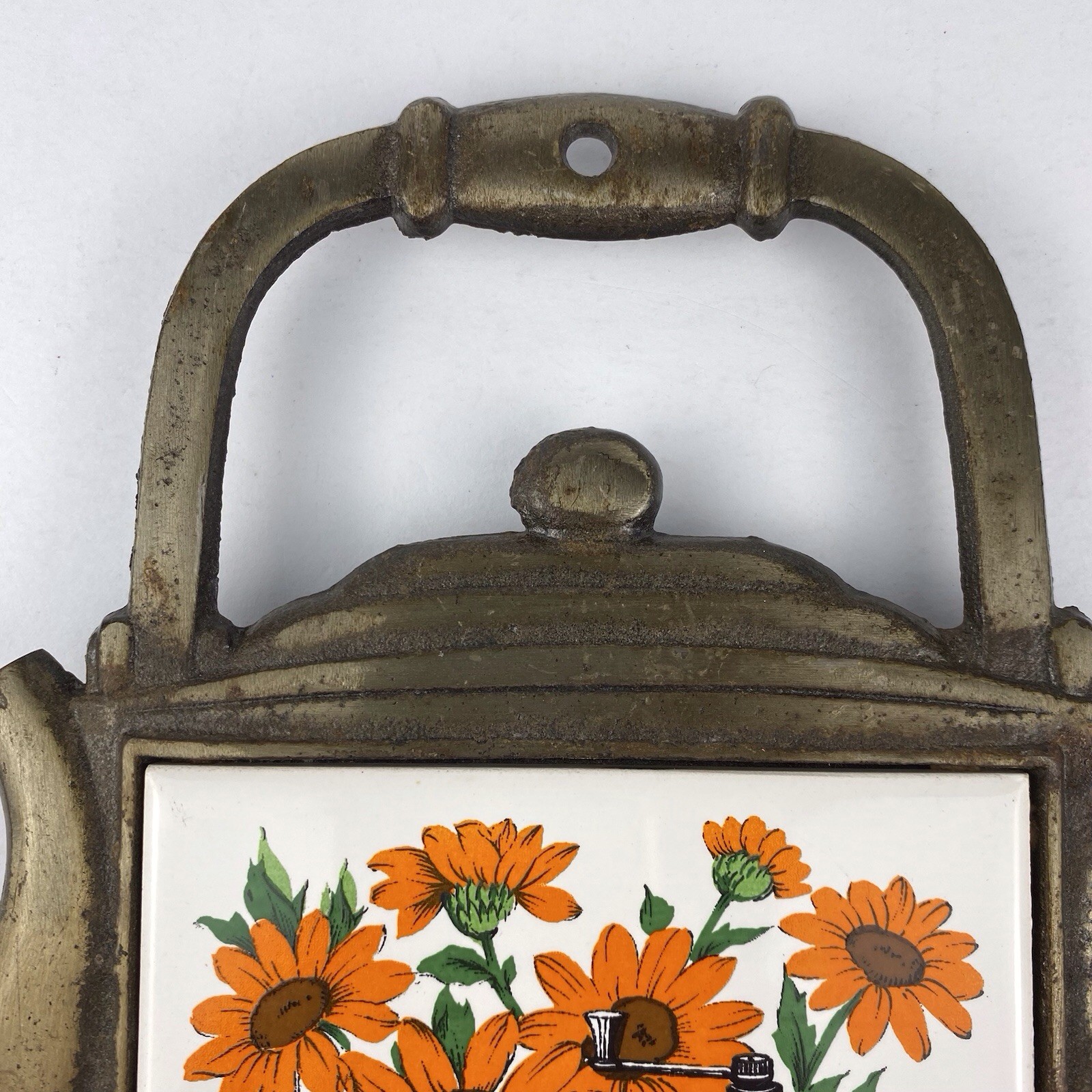 Vintage Cherry Japan Tile Cast Metal Trivet Hot Plate MCM 70s Floral Tea Pot