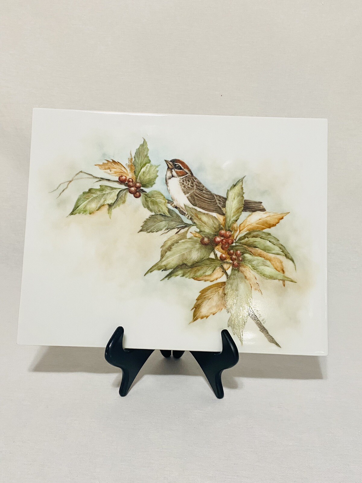 Sparrow on a Lingonberry Branch Art Border Backsplash Ceramic Craft Tile 8”x10”