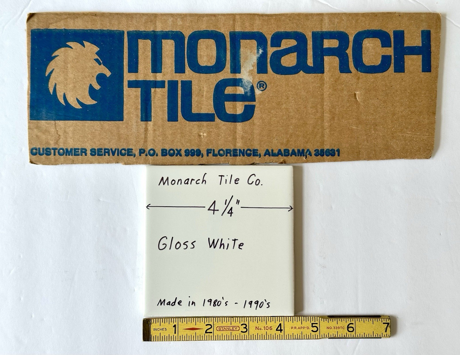 1 pc. Gloss – Bright – White: 4-1/4″ Ceramic Tile by Monarch Tile Co. USA, New
