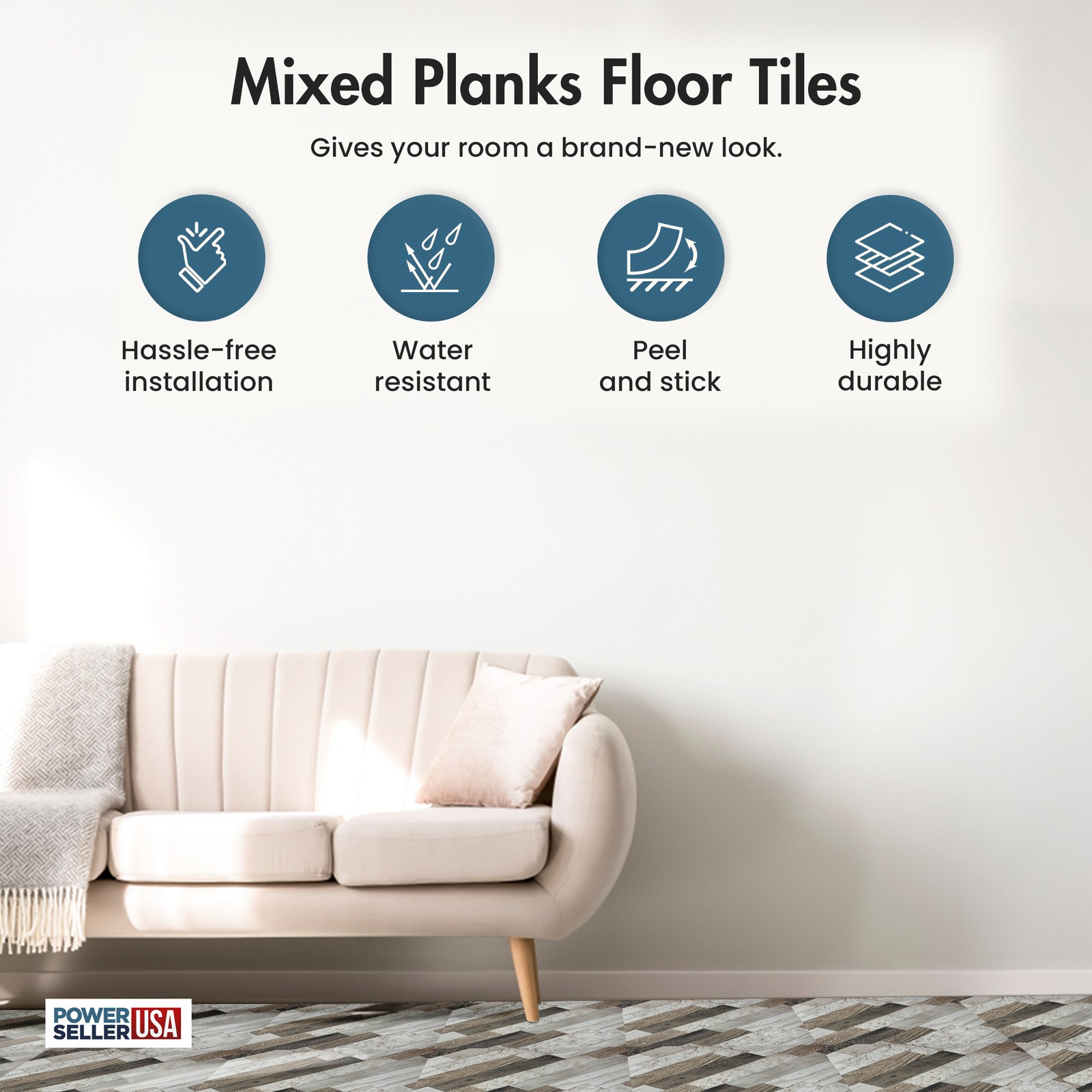 PowerSellerUSA Vinyl Self Adhesive Floor Tiles 20 PCS 12″ x 12″, Rustic Mixed