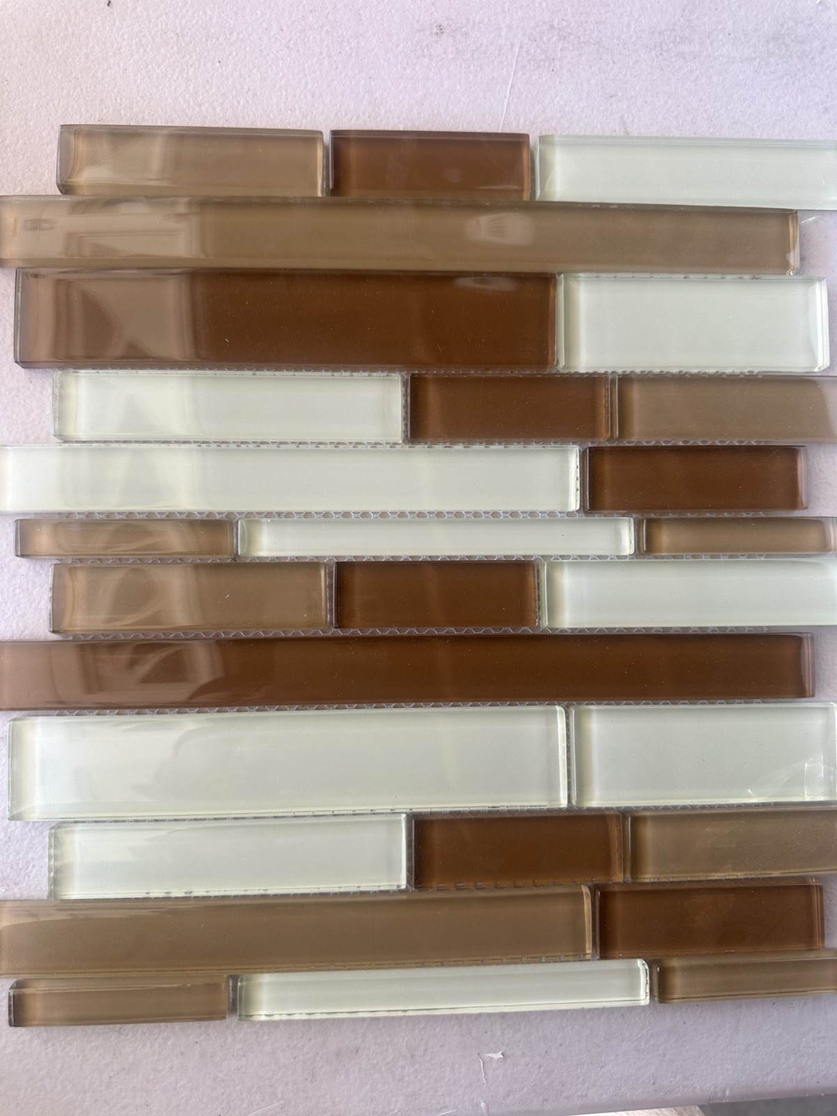 Light Beige Mix Glossy Glass Mosaic Staggered Mesh Mounted