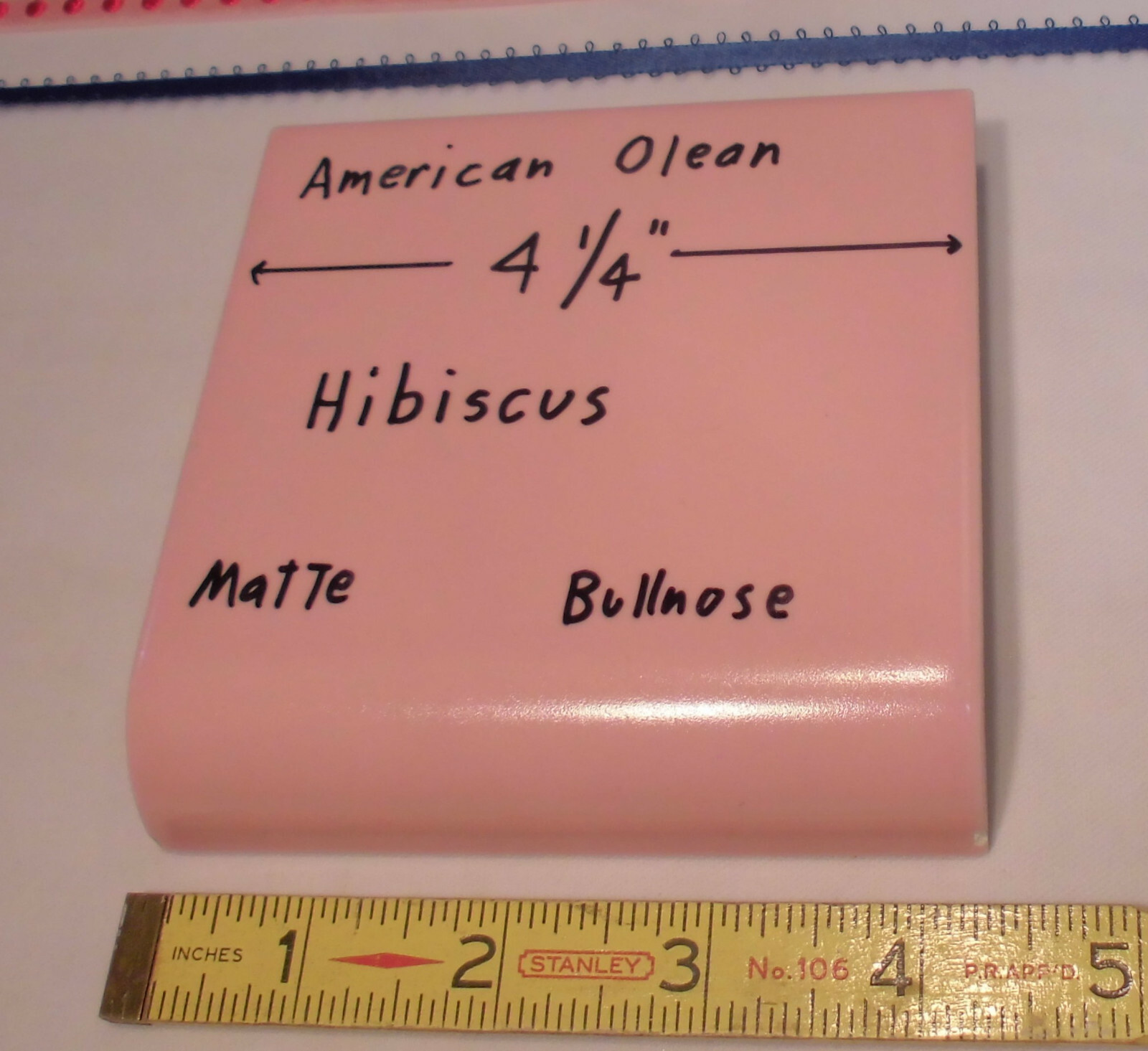 Hibiscus Pink; Matte Radius Bullnose Ceramic Tile 4-1/4″ American Olean, NOS
