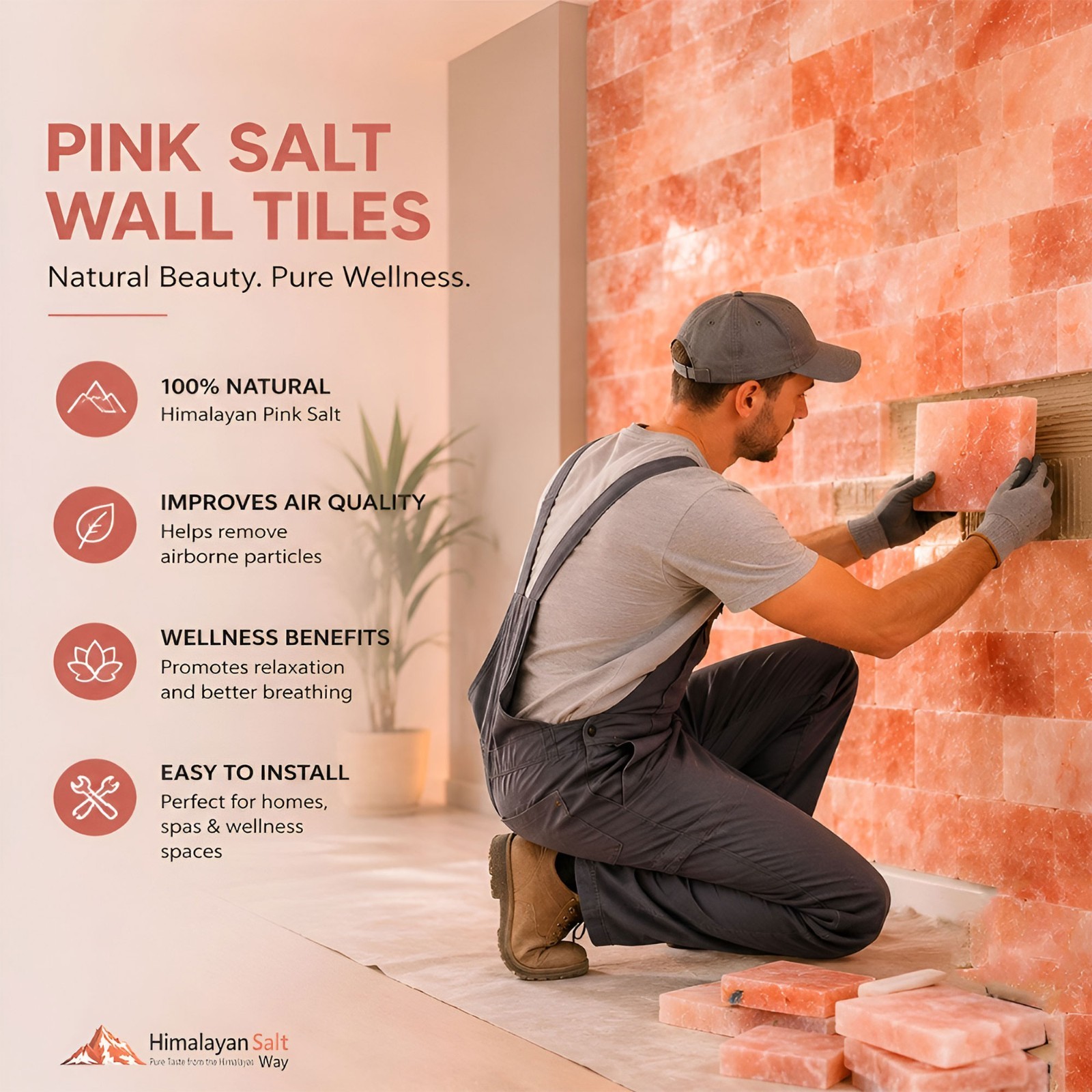 Himalayan Pink Salt Tiles 8x4x1 Pack of 30 Salt Wall Brick Spa Sauna Home Decore