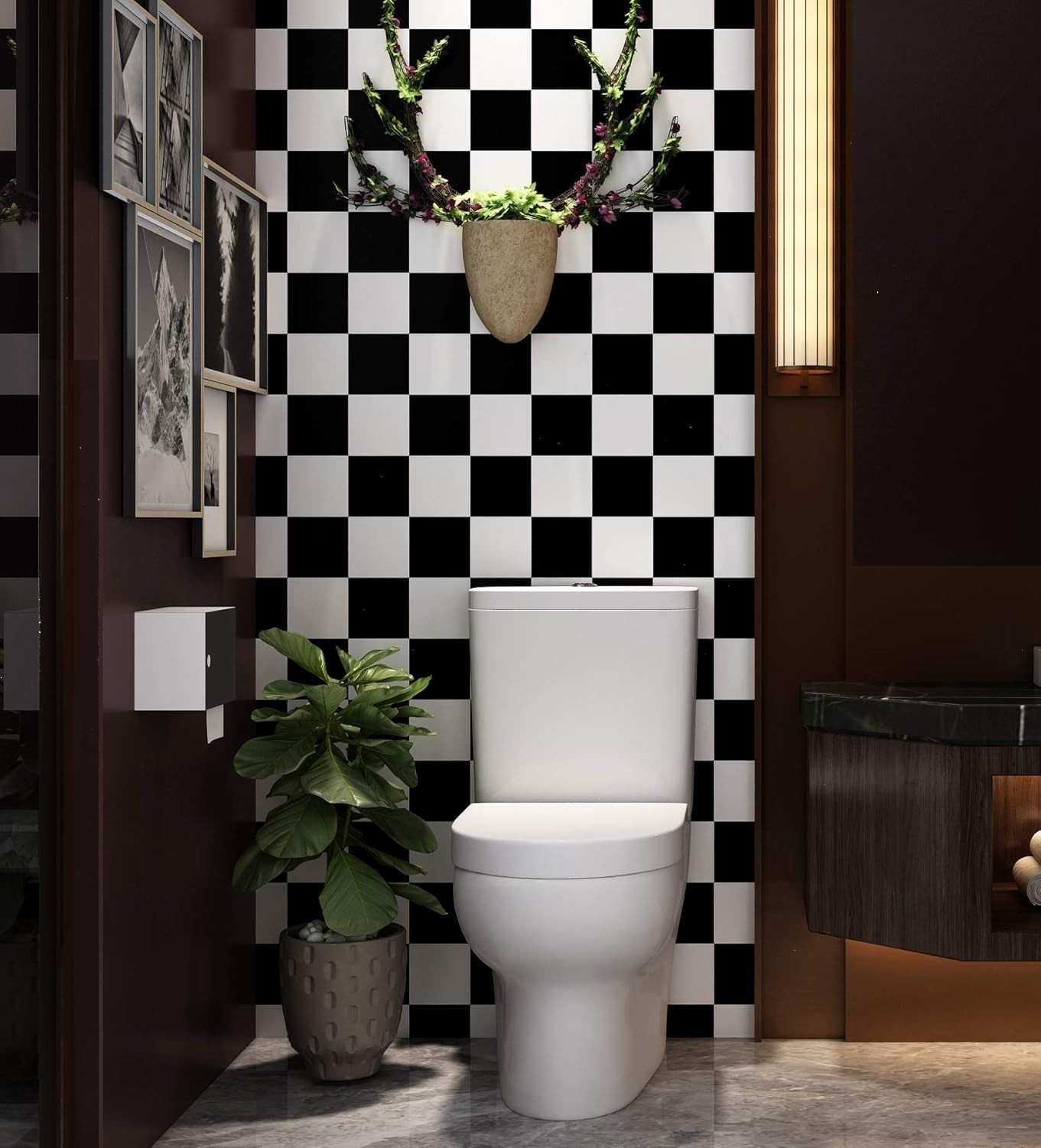 Checkered Black and White Vinyl Flooring Roll 15.8×78.8 in Floor Contact Pape…