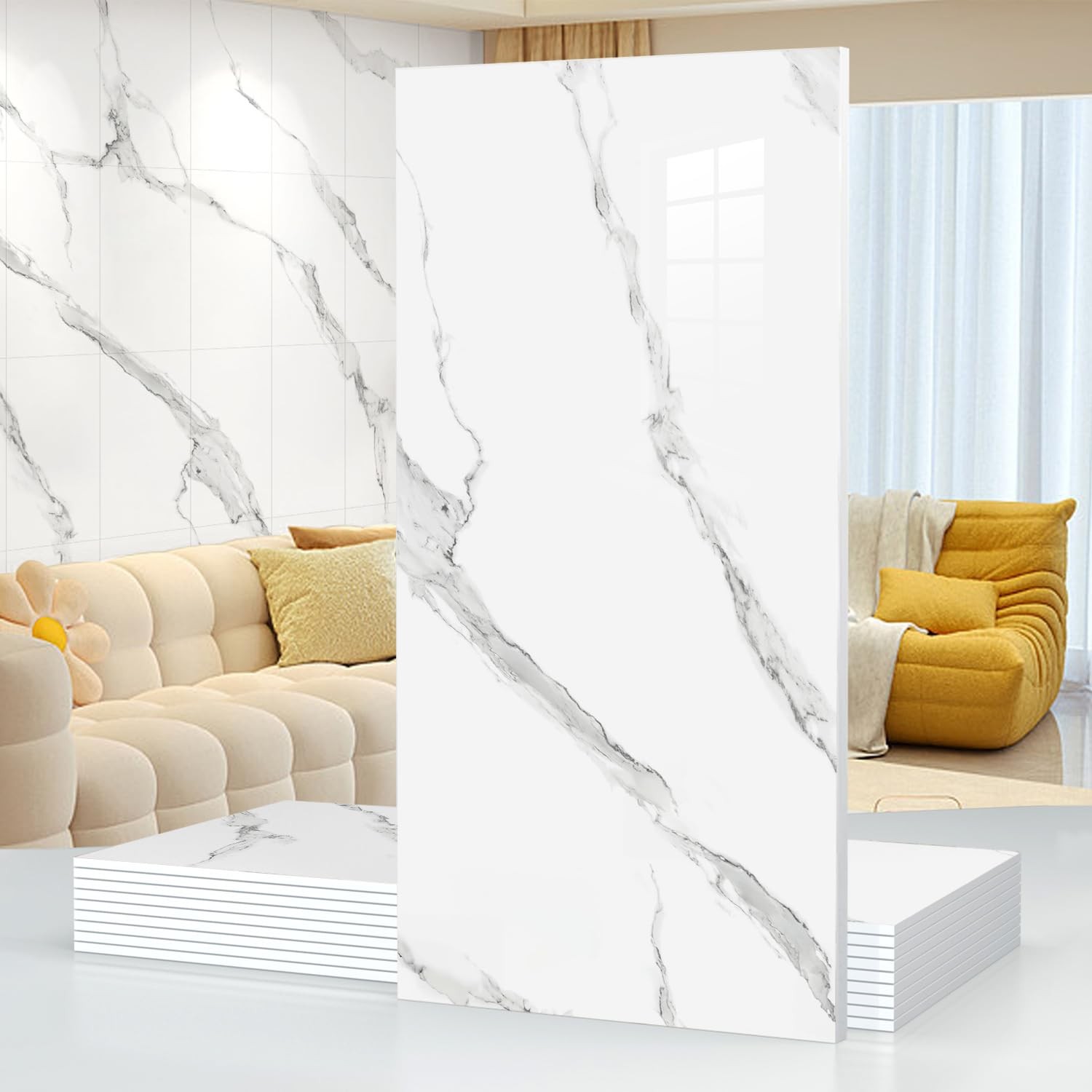 10pcs Marble Peel and Stick 23.6″ x 11.8″ x 2.5MM x 10Pack, White Gray
