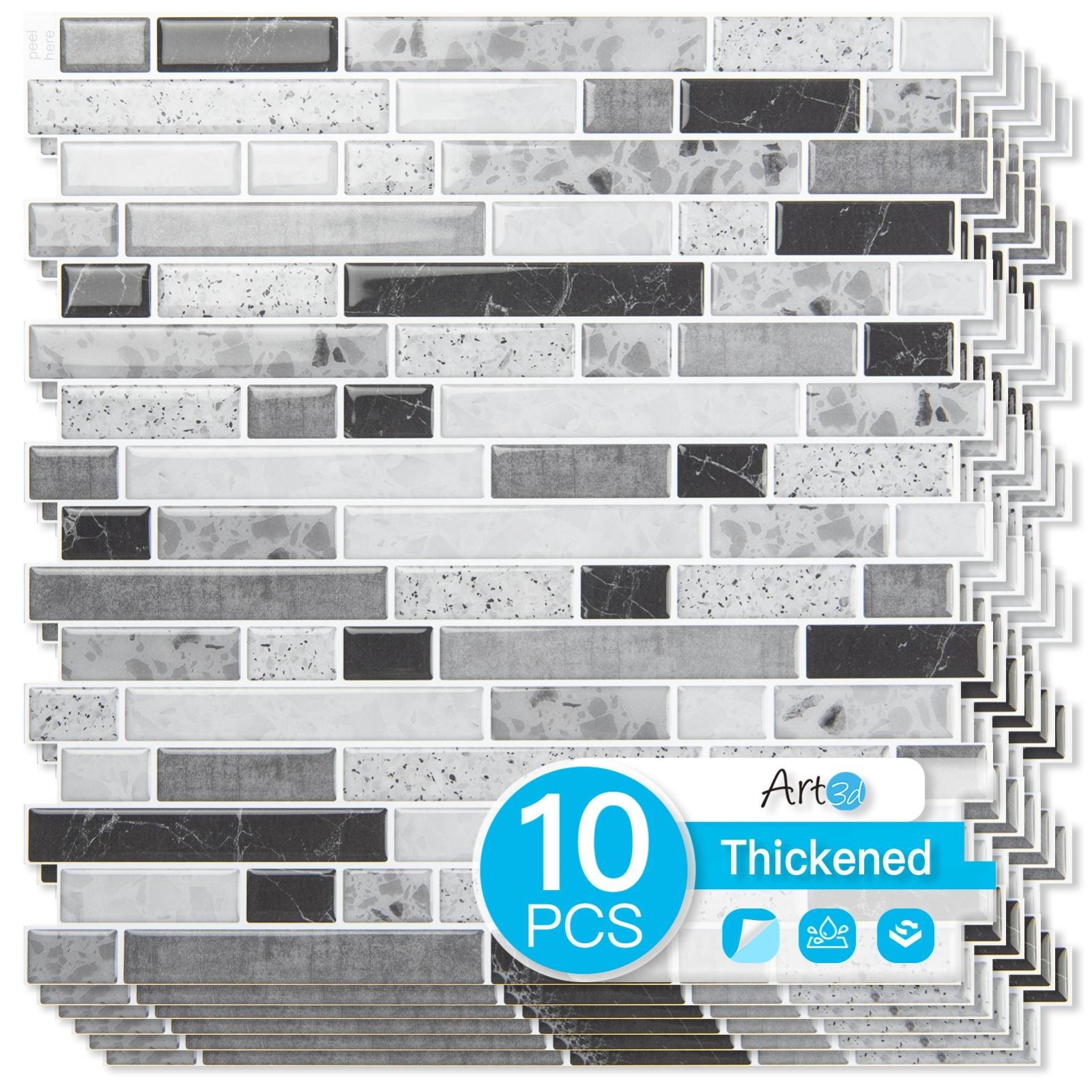 10pcs Peel and Stick Backsplash Thickened Tiles, 12”x12”, Cover 10 Sq.Ft.