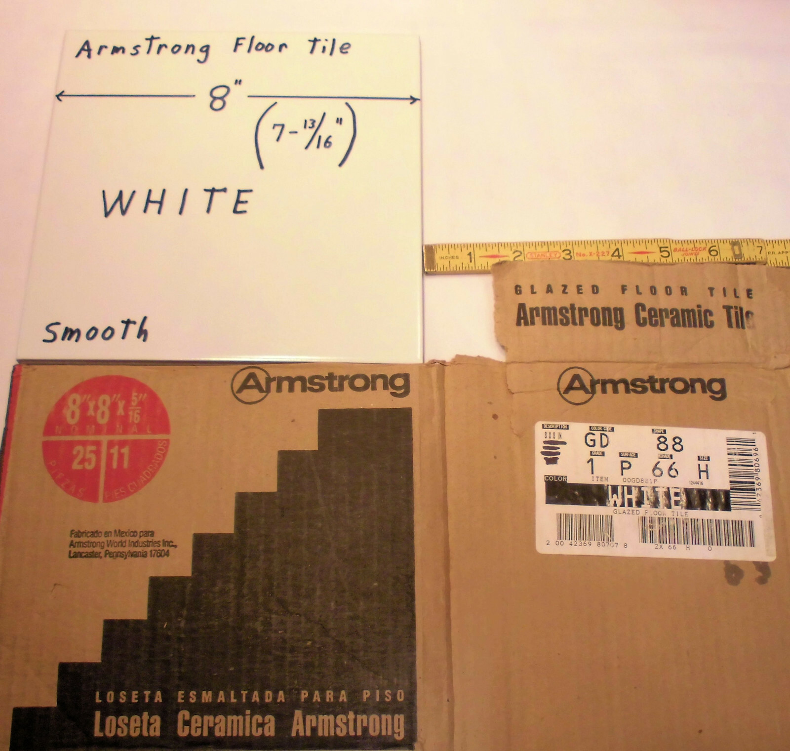 1 pc. Bright White* Ceramic Floor Tile 8″ X 8″ by Armstrong Co. Smooth NEW