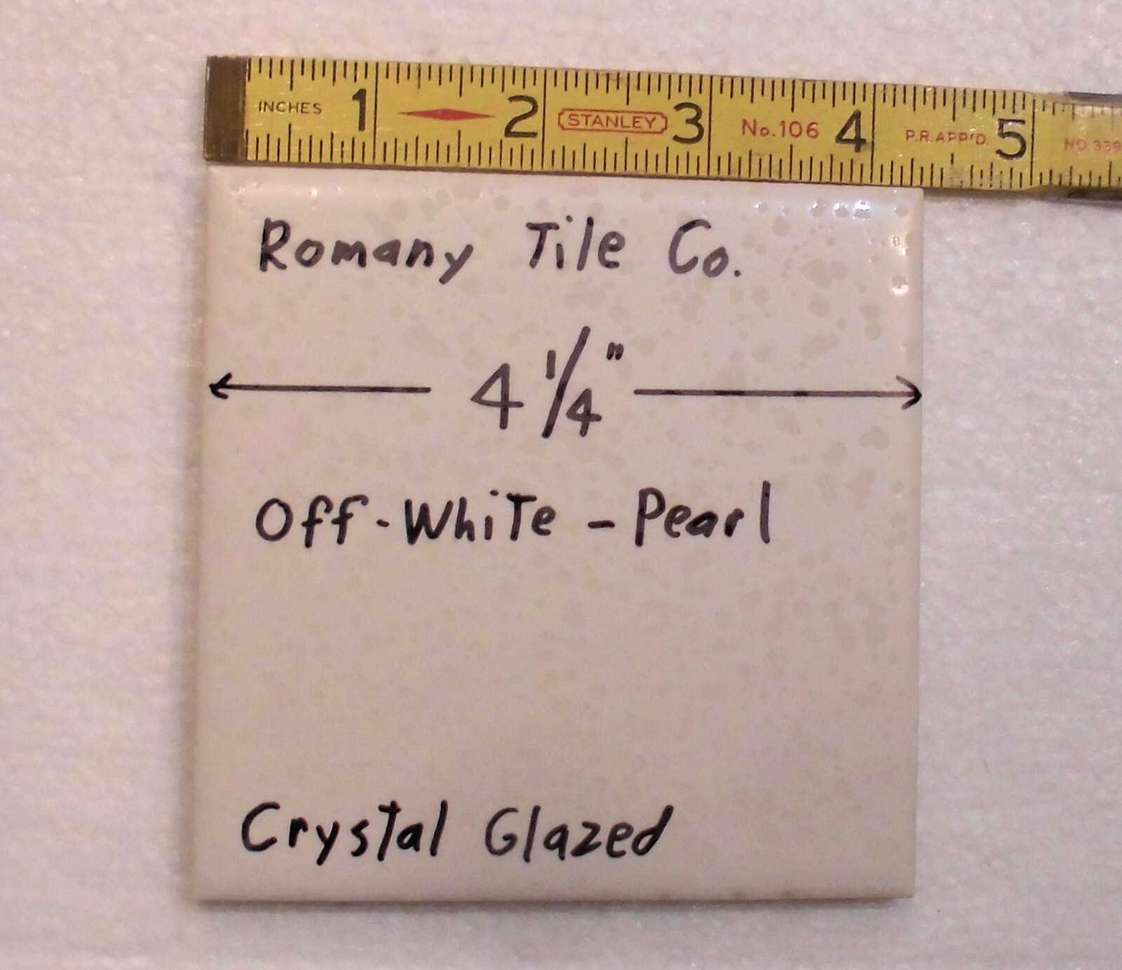 1 pc. *Pearl White* Ceramic Tile by Romany Co. 4-1/4″ Crystall Glaze, New