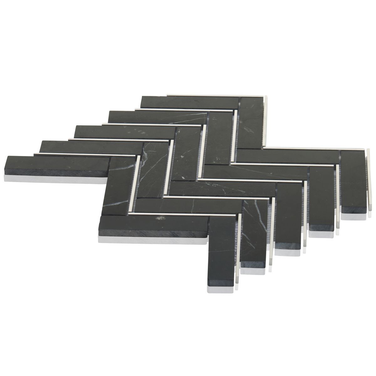 Marquina Black Marble Stone Silver Metal Inlay Herringbone Kitchen Backsplash