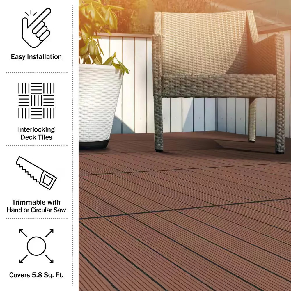 1×1 Patio Deck Tiles Wood Polypropylene Interlocking Flooring Brown 6 Pack