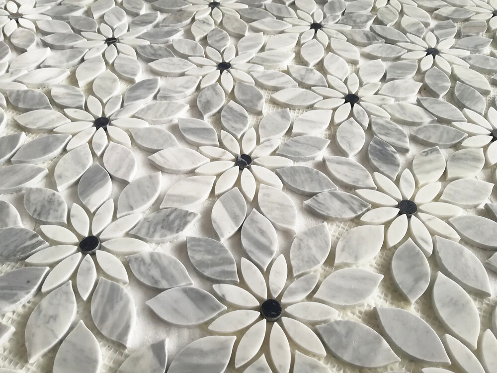 C9H7XH Wildflower Carrara Marble Rain Flower Mosaic Tile Bardiglio Honed