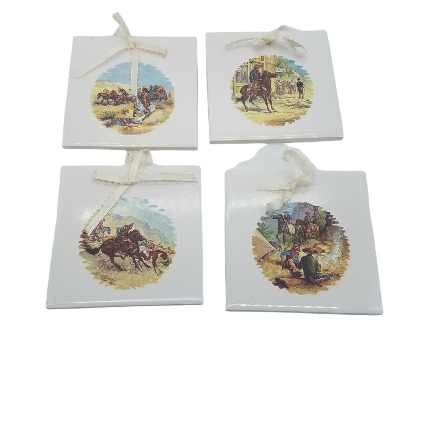 4 Ceramic Tiles Trivets Wall Hangings Western Cowboys 4.25 X 4.25 Made In USA