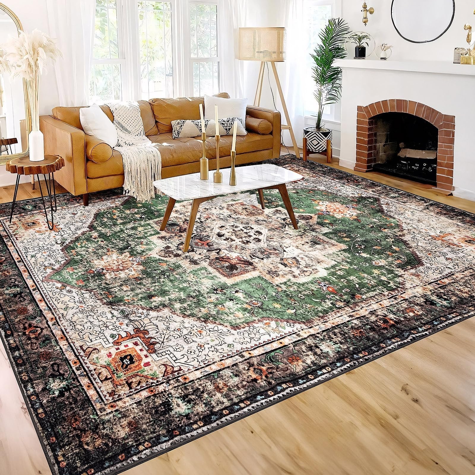 9×12 Area Rugs for Living Room Green Boho Washable Vintage Low Pile Non-Slip …