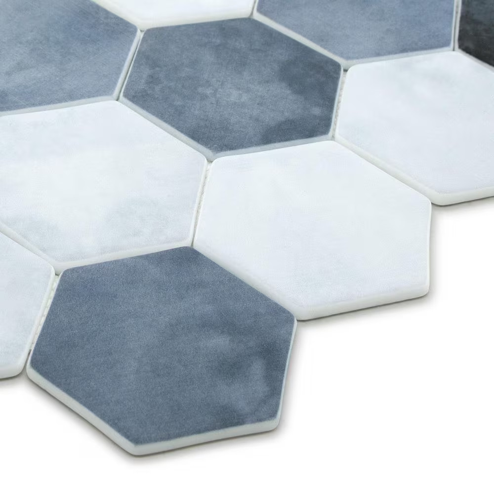 Hexagon Blue Mix 11.8 In. X 10.2 In. Matte Recycled Glass Cement Looks Floor and