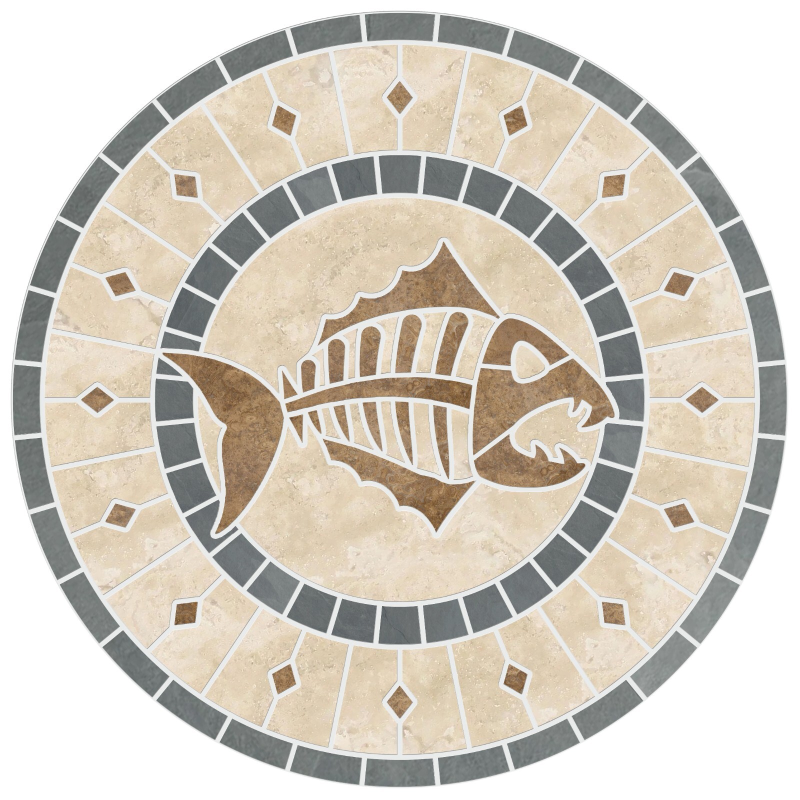 Fishbone Tile Mosaic Medallion in Natural Travertine & Slate Stone – USA Made!
