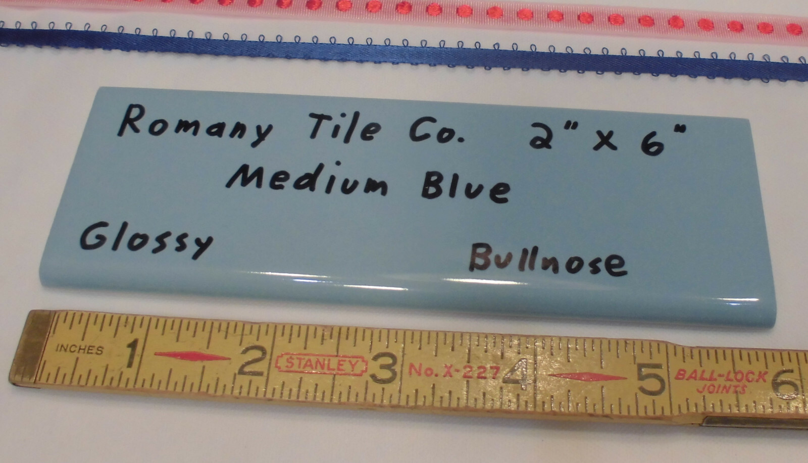 1 pc. *Medium Blue* 2” X 6” Glossy Surface Bullnose Ceramic Tile: New Old Stock