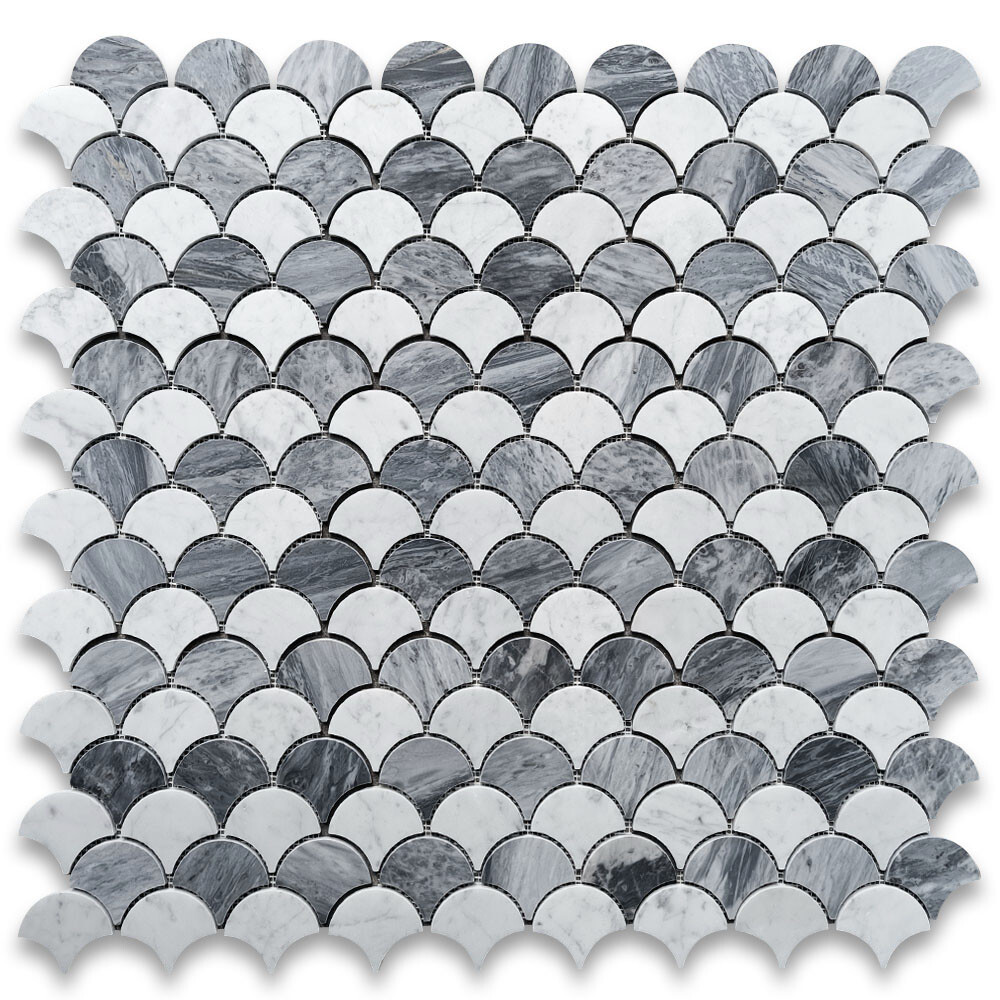C9937XH Carrara White Bardiglio Gray Marble Fish Scale Fan Shape Mosaic Tile
