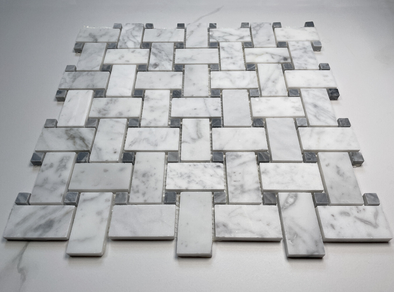 C657XH White Carrara Marble Basketweave Mosaic Tile Dark Gray Dots Honed