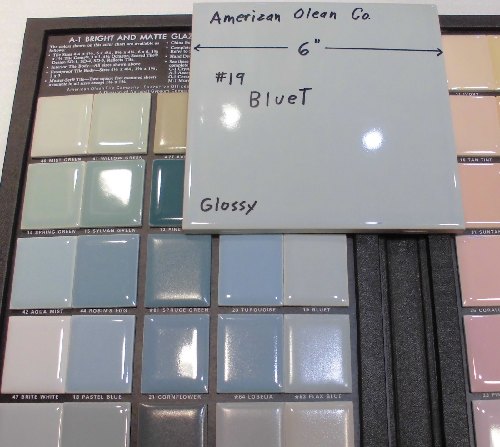 1 pc. 6″ X 6″ Glossy Ceramic Tile *Bluet – Blue* American Olean: with defects