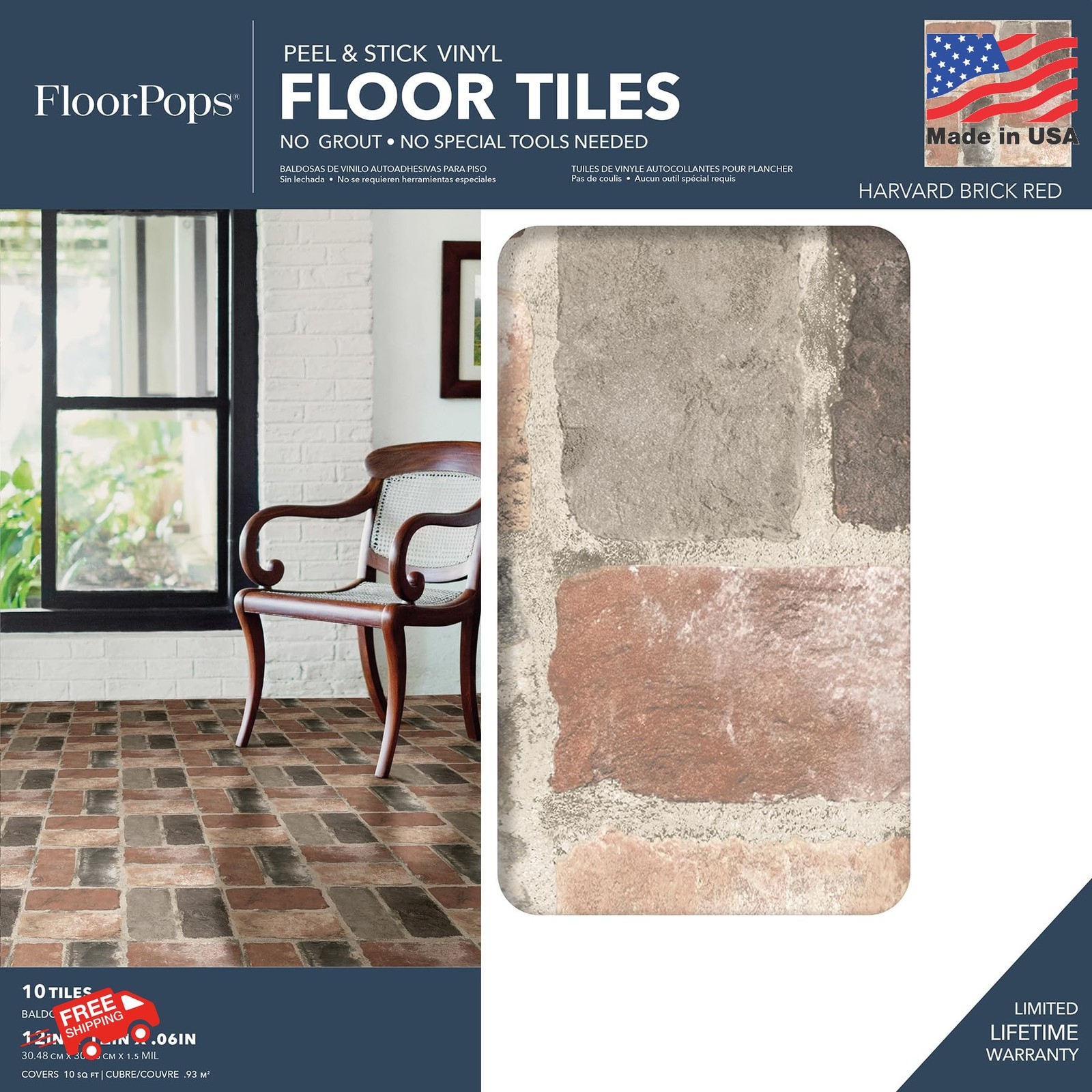 FloorPops Harvard Brick Red Peel & Stick Floor Tiles