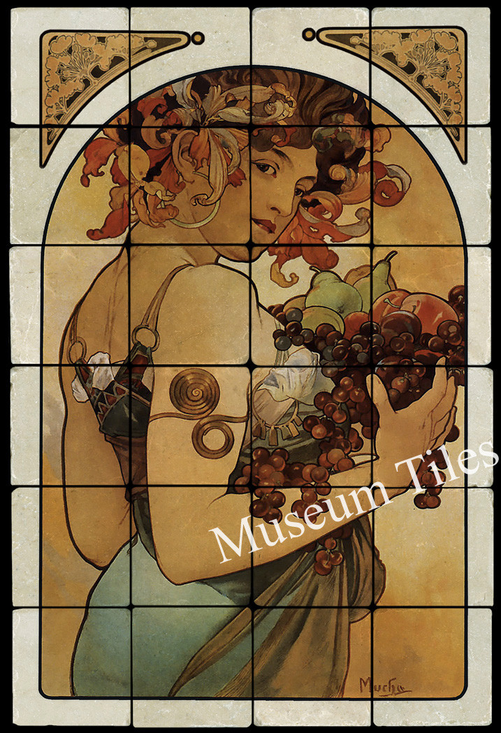 16×24 Alphonse Mucha FRUIT Art Nouveau Mural Tile Tumbled Marble Tiles