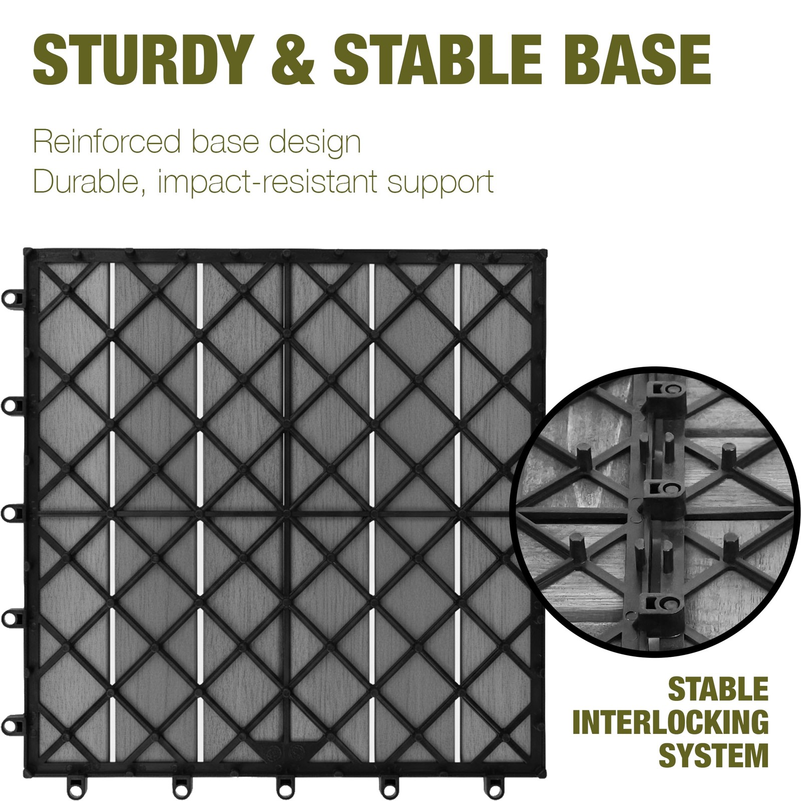 GREEN ALLUVIUM Premium Acacia Wood Interlocking Deck Tiles, 12×12 Inch, Gray