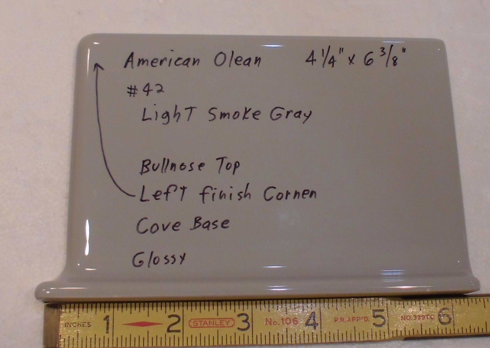 1 pc. Light Smoke Gray: base/cove Ceramic Tile: 4-1/4″ X 6″ Left Finish Corner