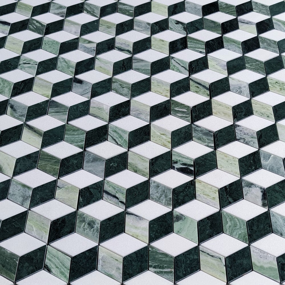 T34K2XP Thassos White Marble Illusion 3D Rhombus Hexagon Mosaic Tile Green