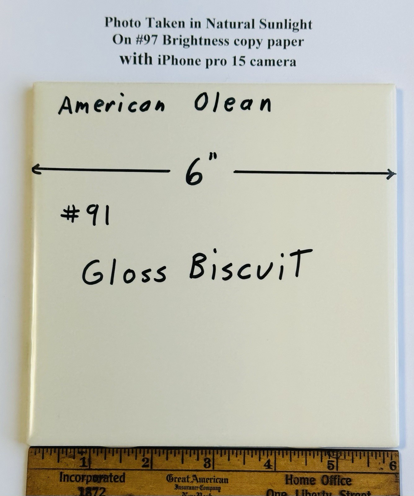 1 pc. 6″ X 6″ Gloss Biscuit: 6″ X 6″ Ceramic Tile #91 by American Olean, NEW