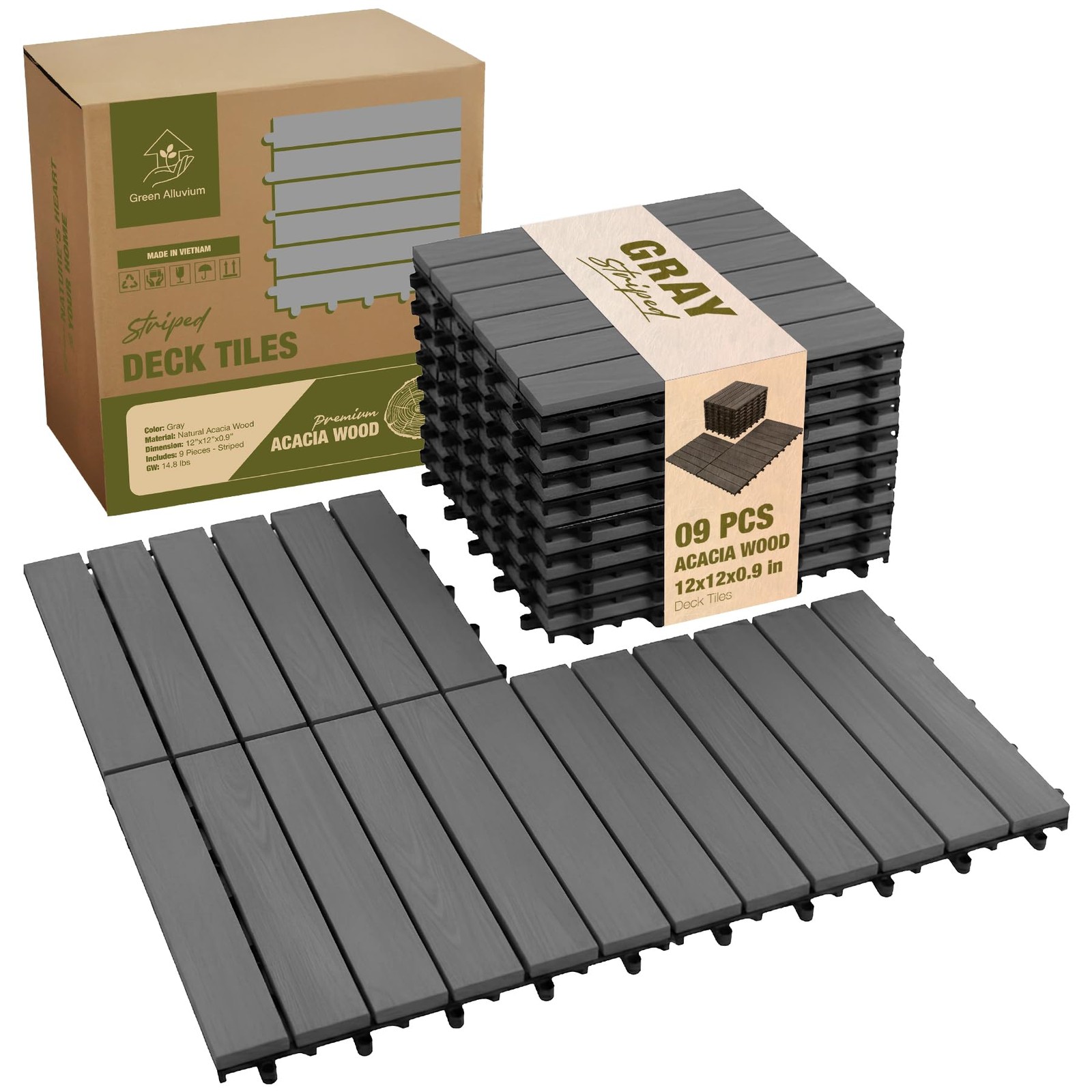 GREEN ALLUVIUM Premium Acacia Wood Interlocking Deck Tiles, 12×12 Inch, Gray