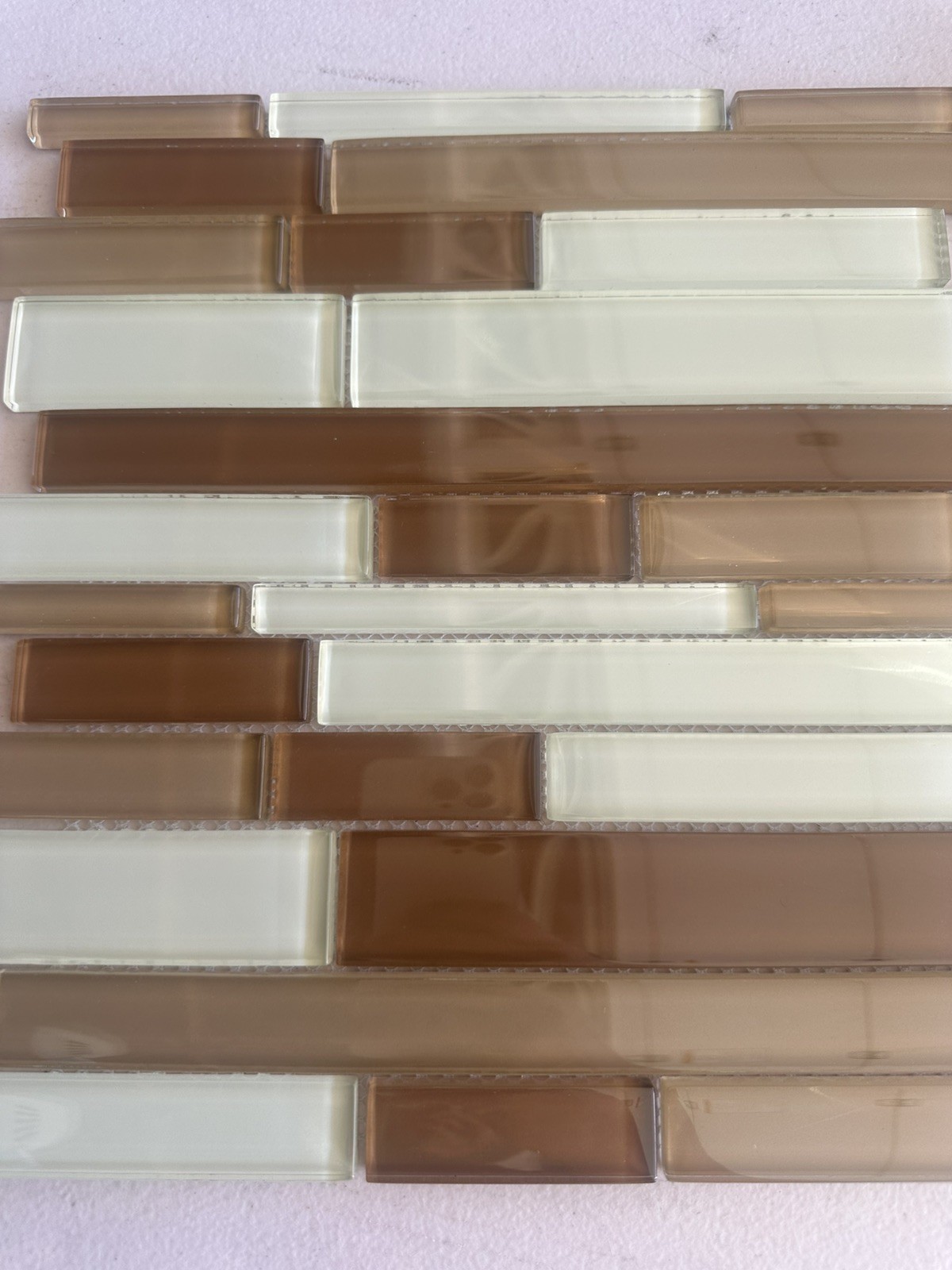 Light Beige Mix Glossy Glass Mosaic Staggered Mesh Mounted