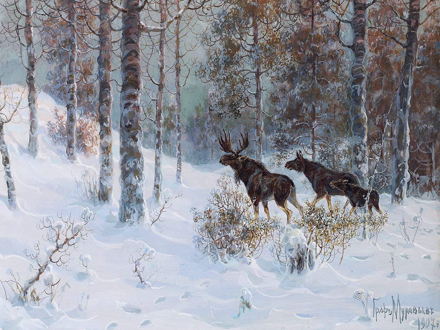winter forest snow elk by V. Muravyov Tile Mural Kitchen Backsplash Ceramic 10×8