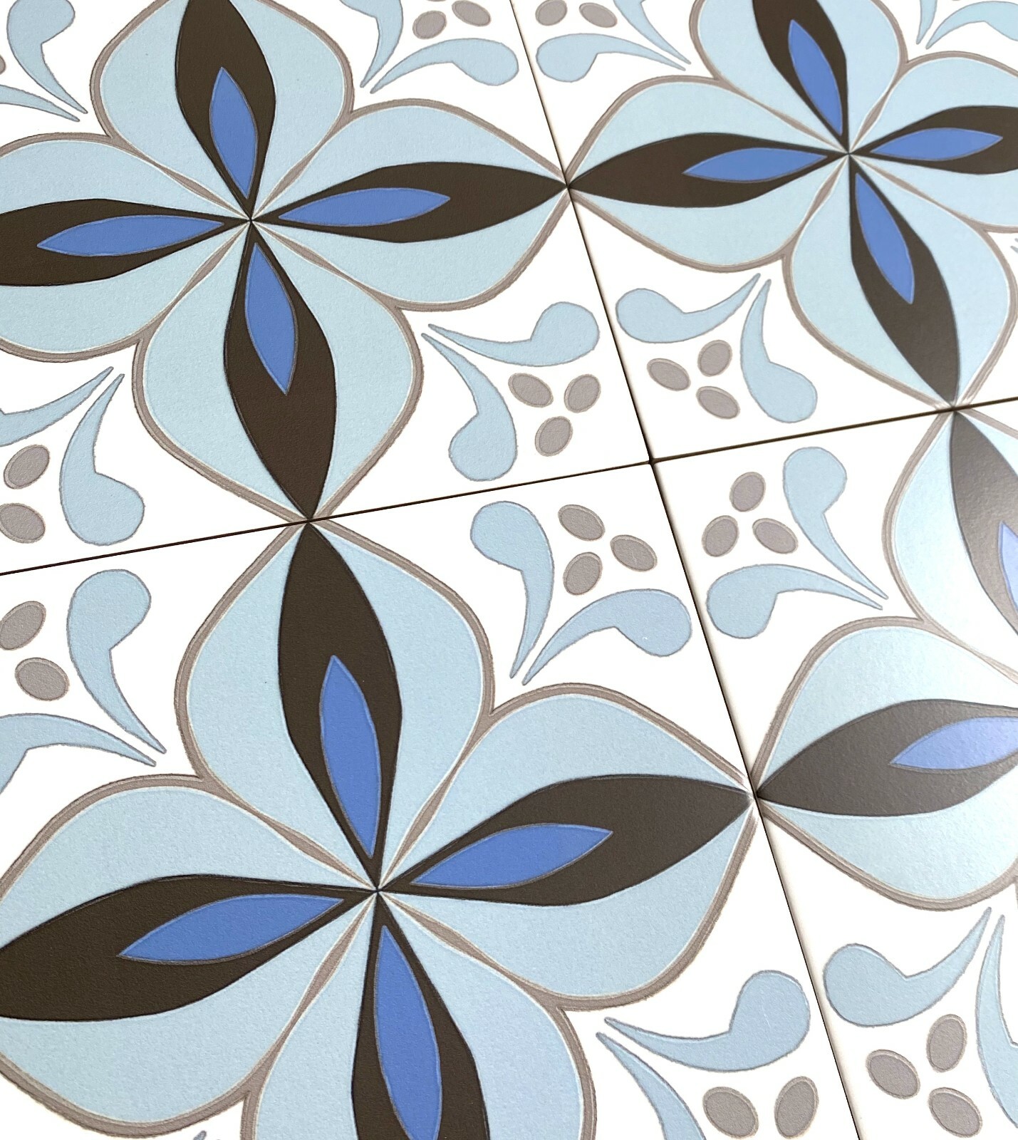 8.7×8.7 Cafe De Paris Larose Encaustic Pattern Aqua/Blue Ink Porcelain Tile 1pc