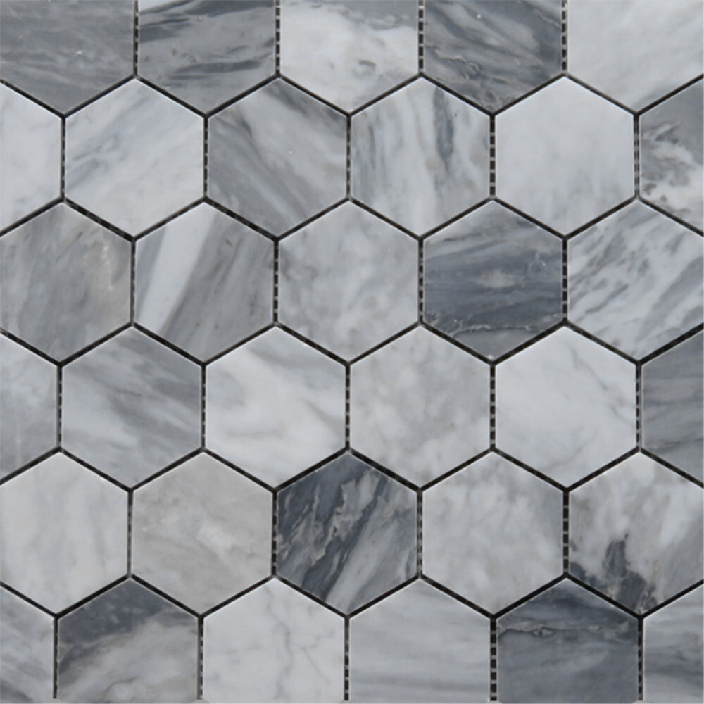 K32XH Bardiglio Gray Dark Grey Marble 2 inch Hexagon Mosaic Tile Honed