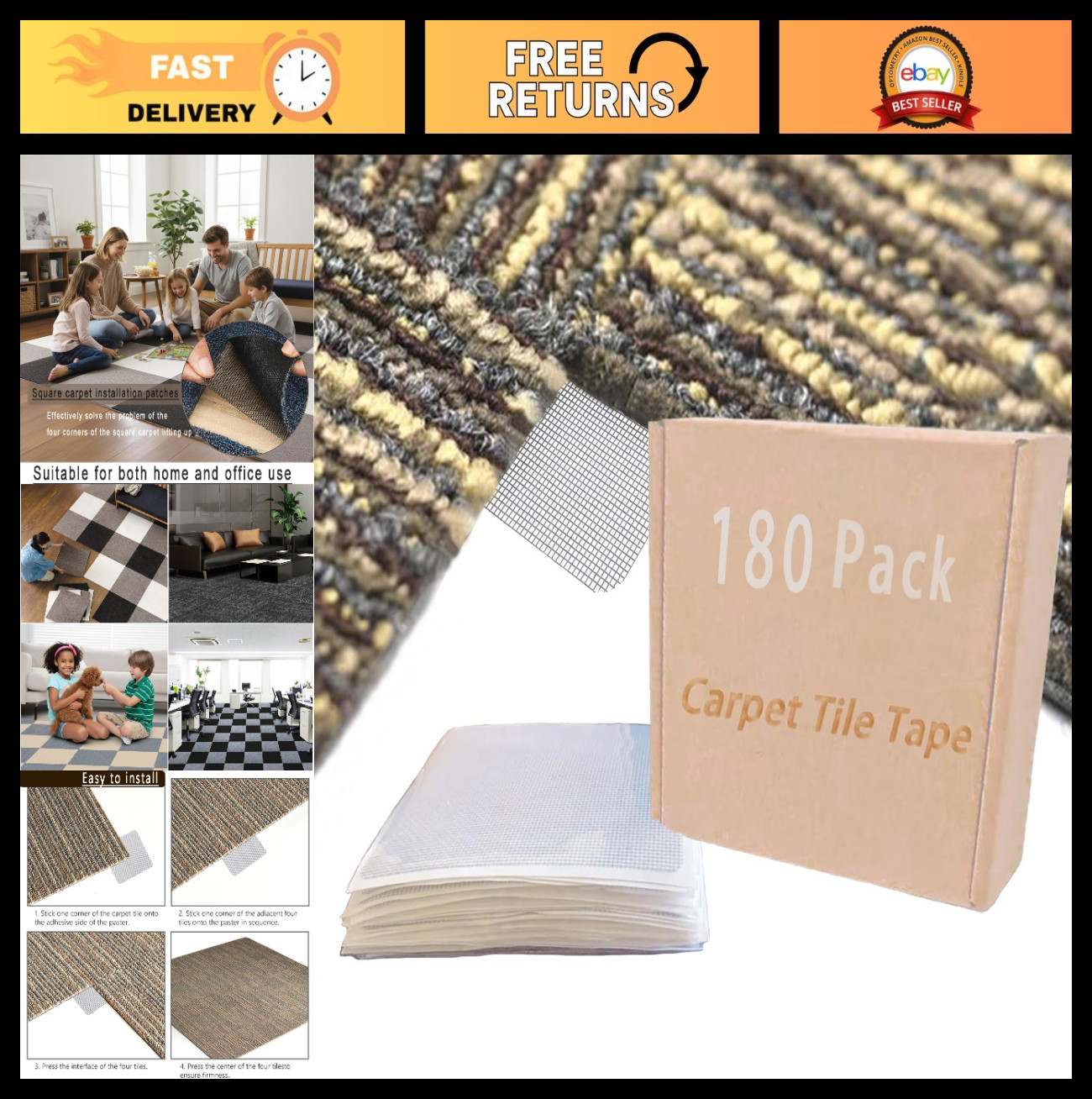 Carpet Tile Adhesive Connectors for Floating Floors – 4″ x 4″ (180-Pack)