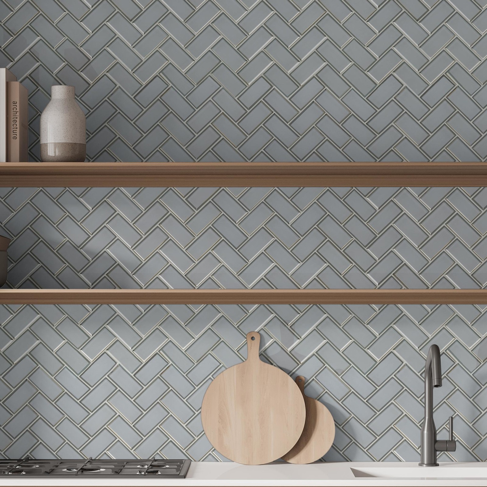 Ackland AKM-G-RI2X4BHB-CA Rivella – 12″ x 14″ Glass Herringbone – Sage Edge