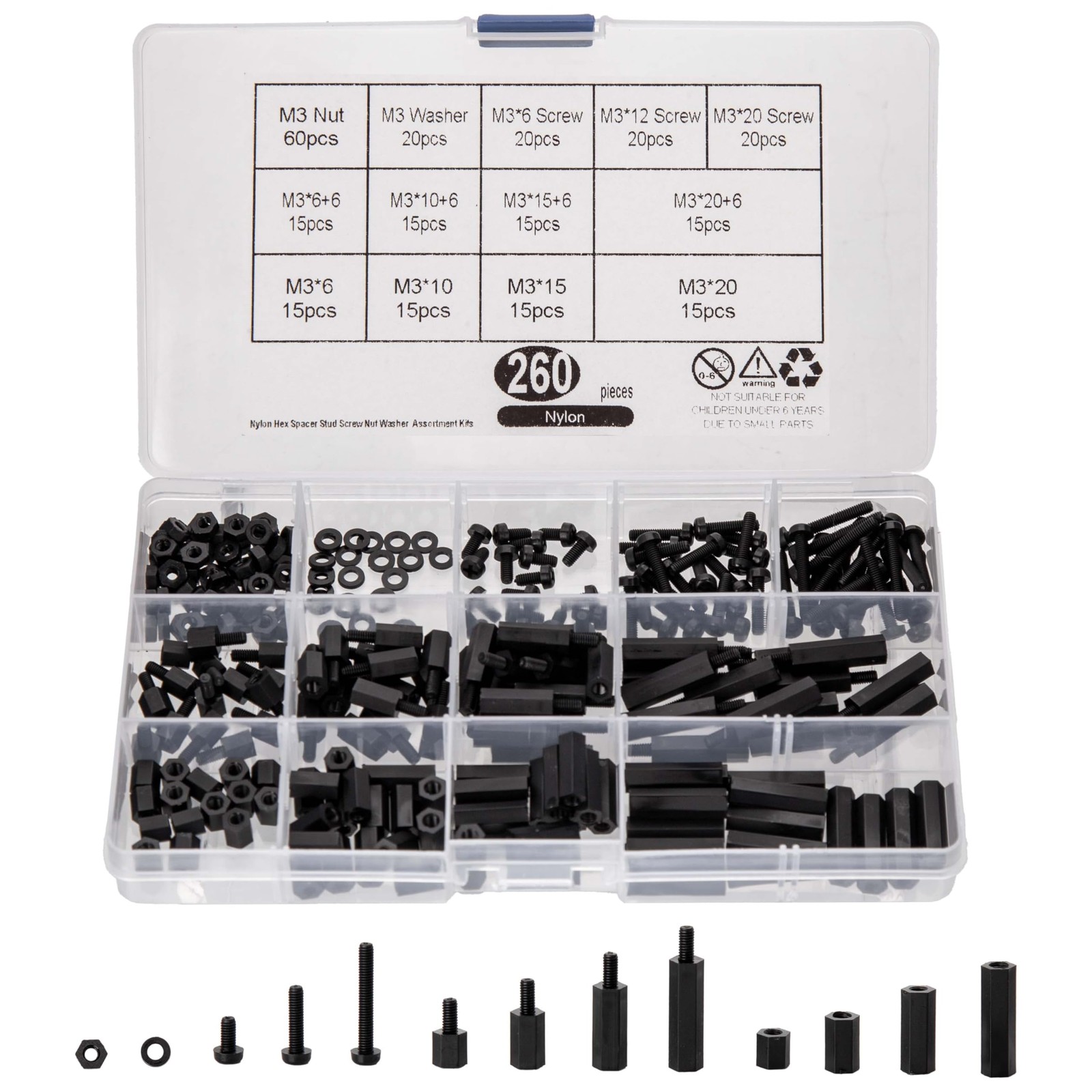 wugongshan 260 Pcs M3 Male Female Nylon Hex Spacer Standoffs One Size, Black