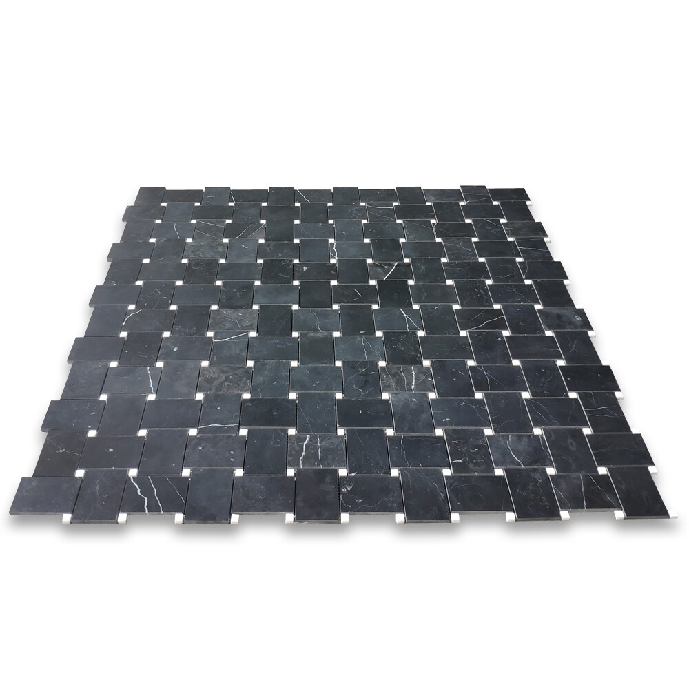N665XH Nero Marquina Black Marble Basketweave Mosaic Tile White Dots Honed