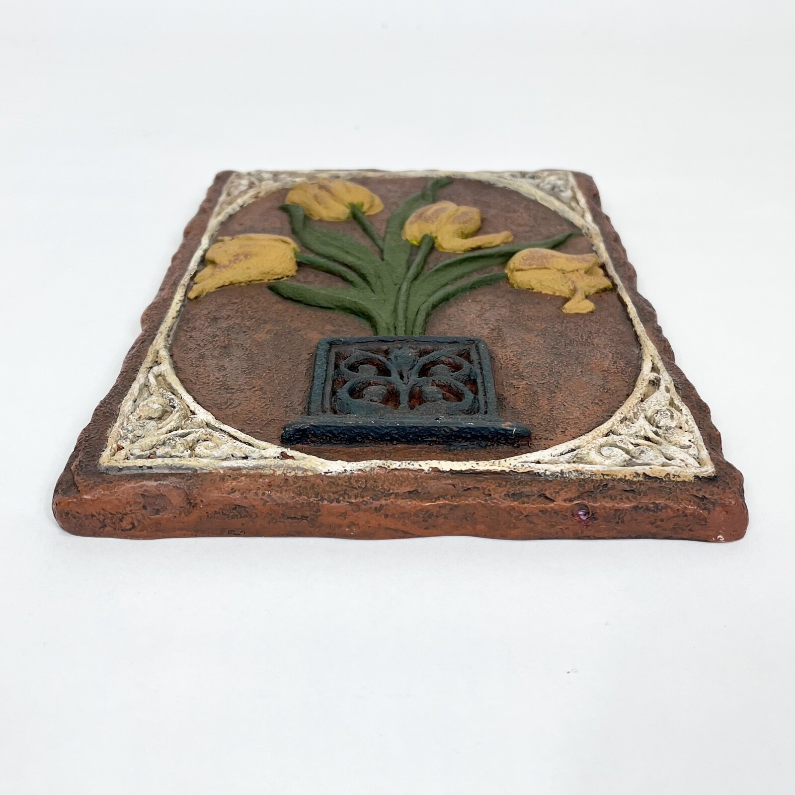 Vintage Hermitage 3-D Wall Tile Hand Painted Yellow Tulips With Border Heavy