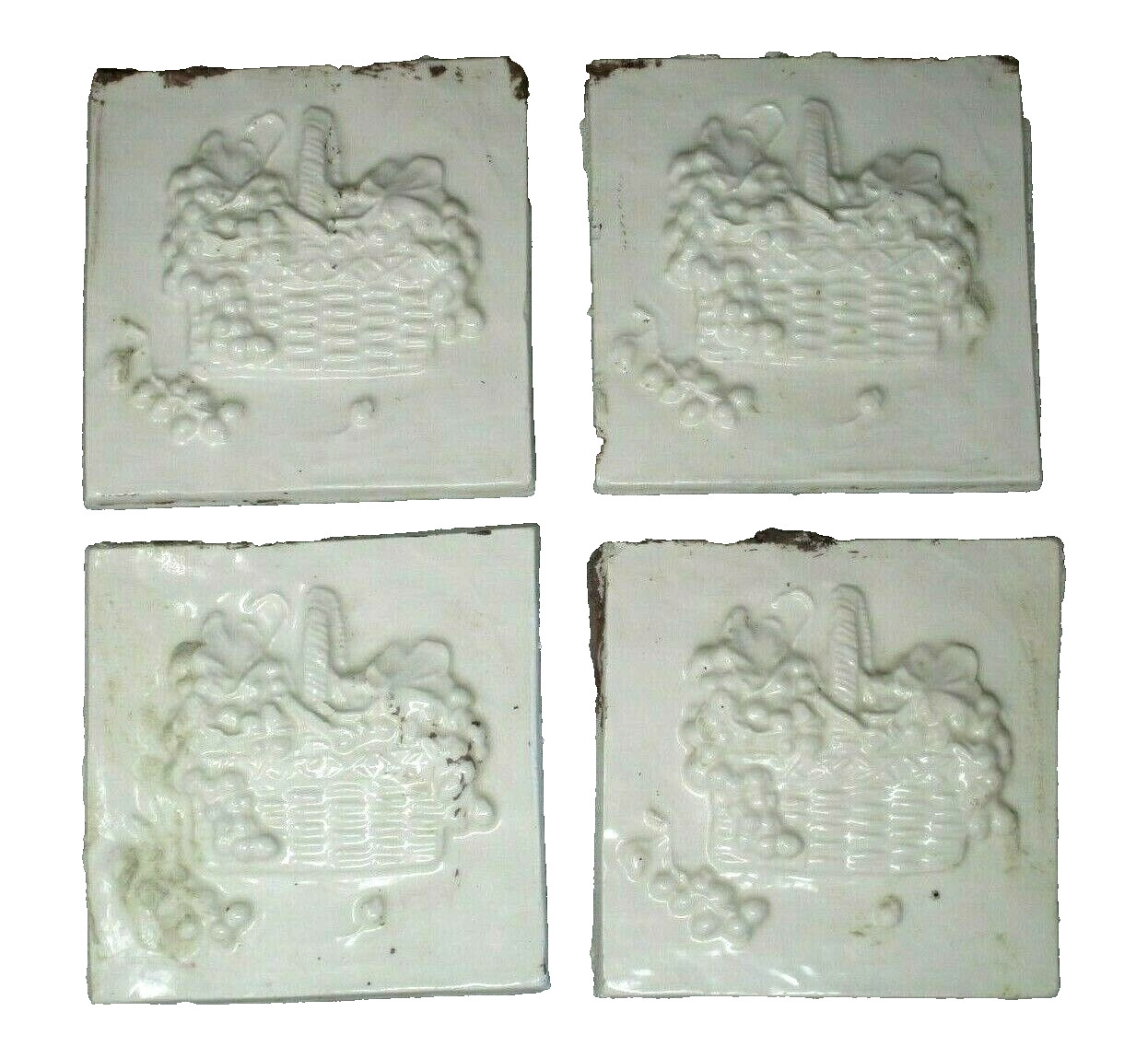 Vintage Ceramic Tile 6 inch white raised grape fruit basket country kitchen