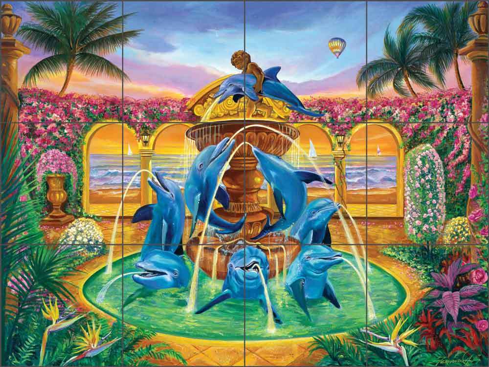 Ceramic Tile Mural Backsplash Agudelo Dolphin Fountain Landscape Art FAA001