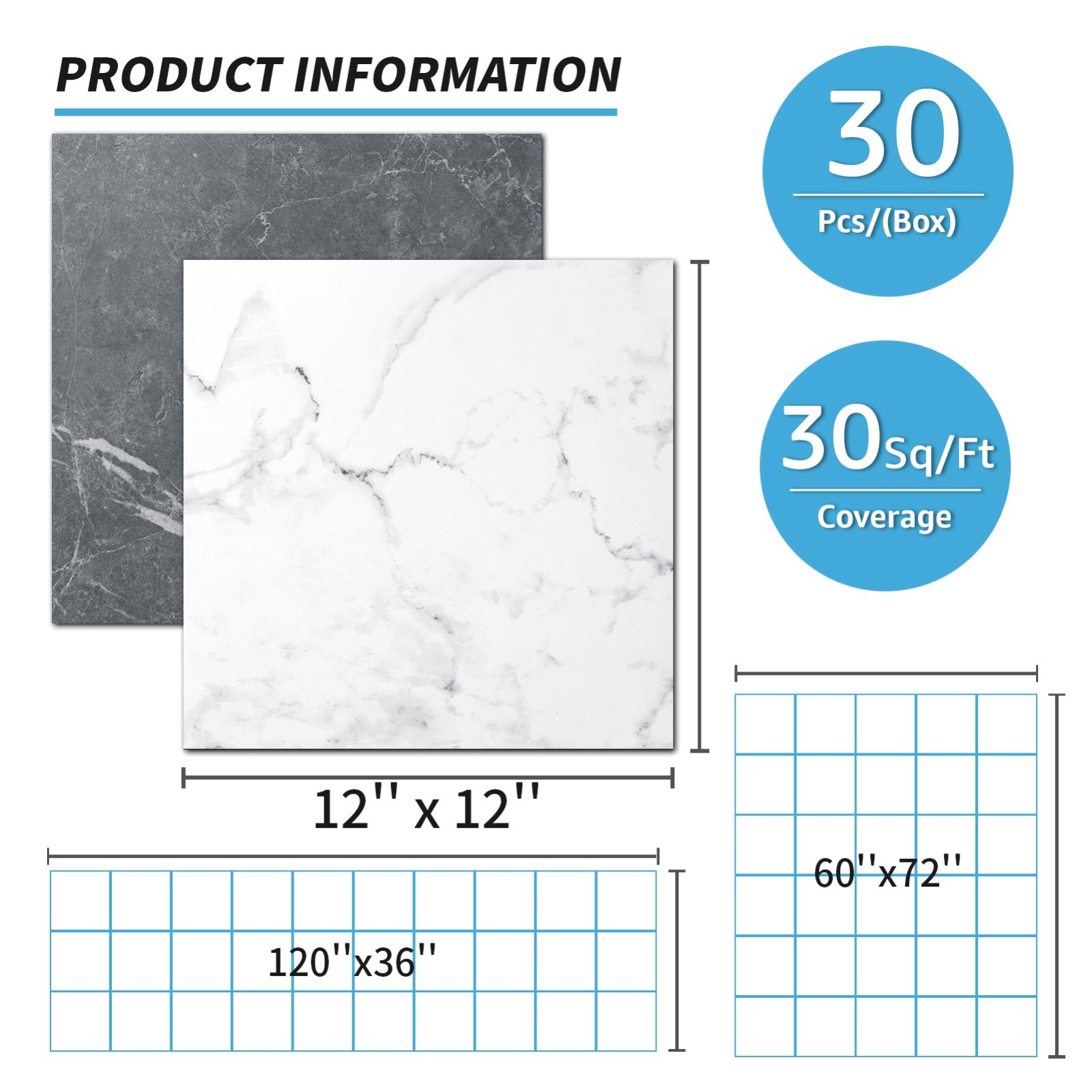 Art3d 12 x 12in 30-Pack Peel & Stick Vinyl Floor Tiles,Black & White Marble