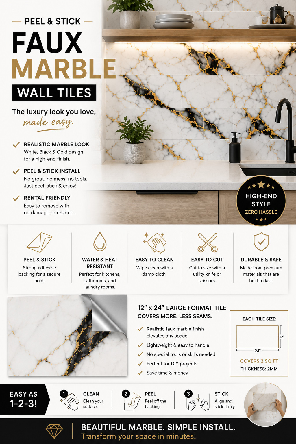 Peel and Stick Backsplash Tiles 20pc 12×24″ Faux Marble Self-Adhesive Wall Tile
